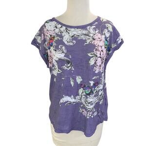 Postage Stamp Anthropologie Purple Floral Butterfly Print T-shirt Size XS